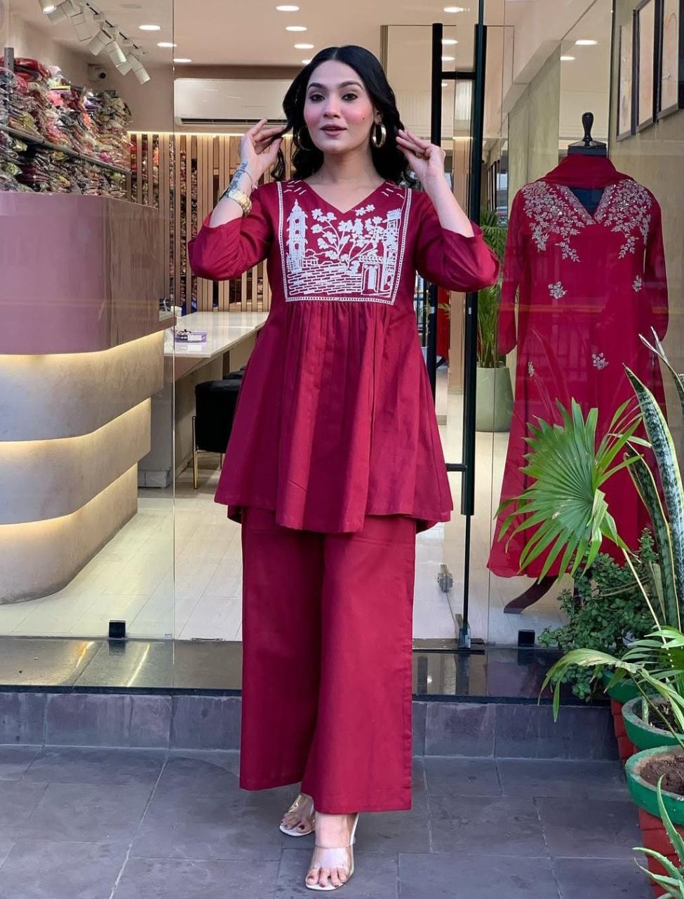 Designer Red Embroidered Co-ord Set
