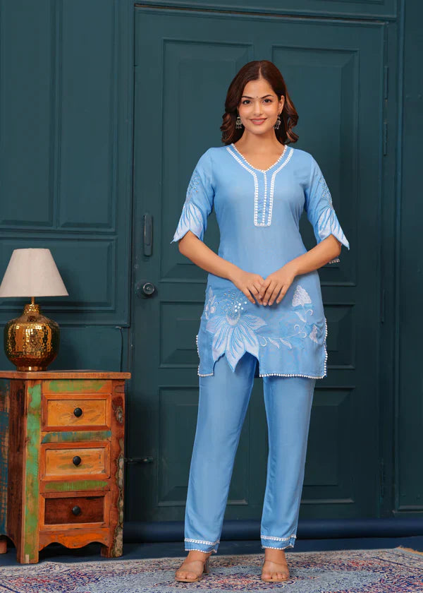 Cloudy Blue Embroidered Co-ord Set