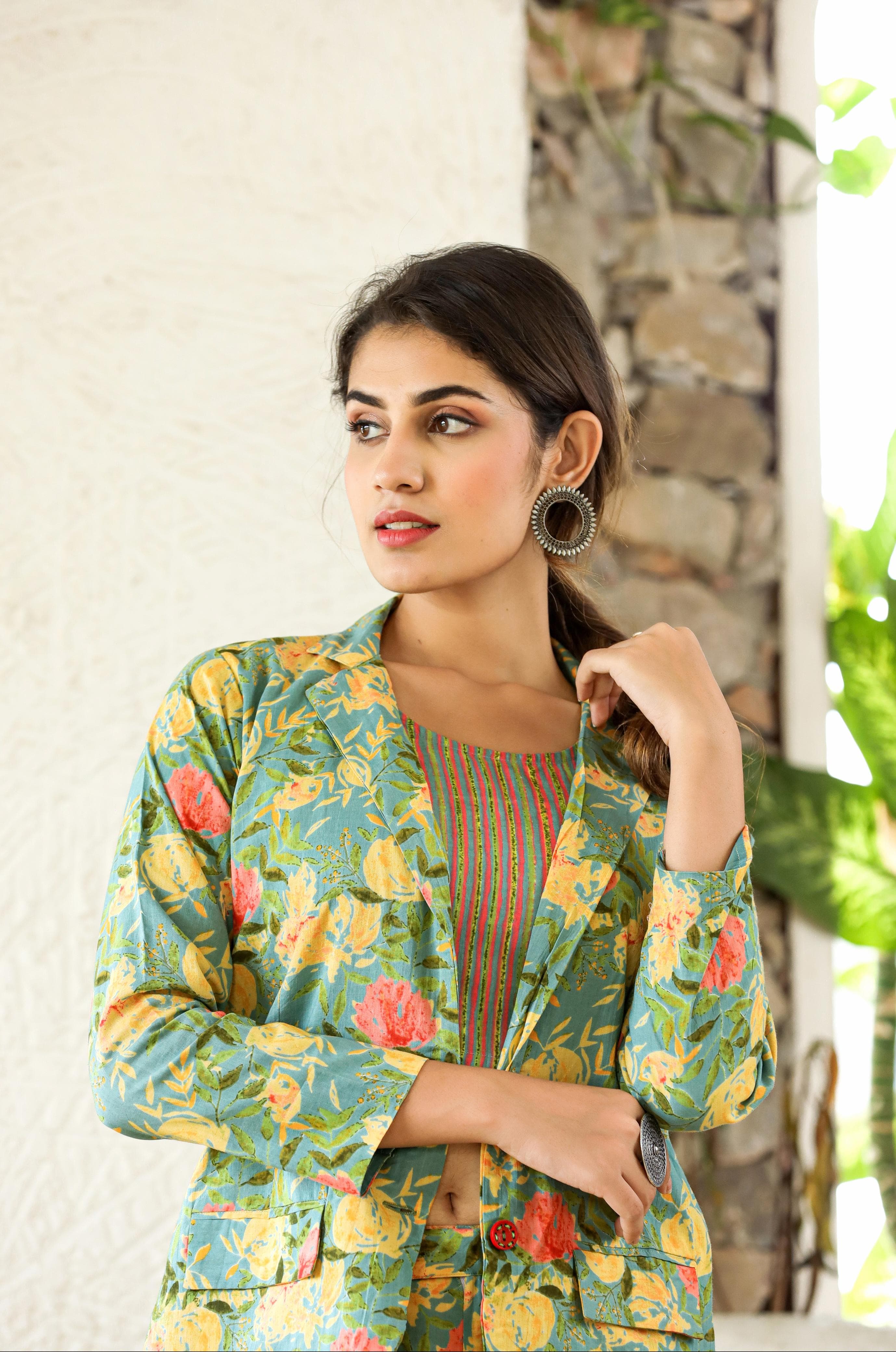 Beautiful Floral Green Co-ord Set With Blazer