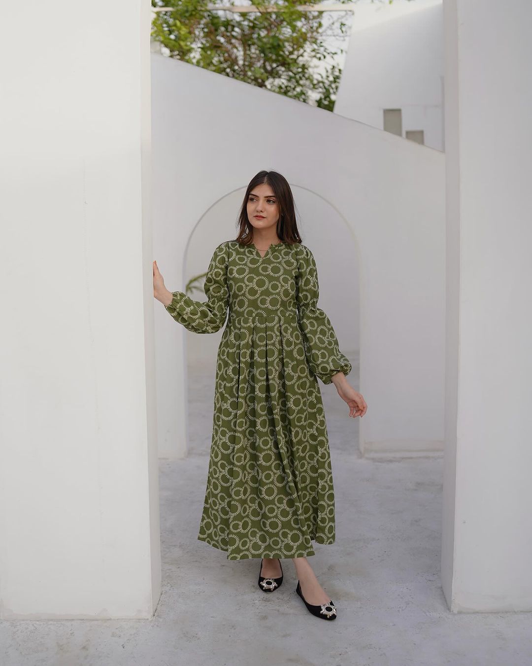 Elegant Green Printed Midi Dress