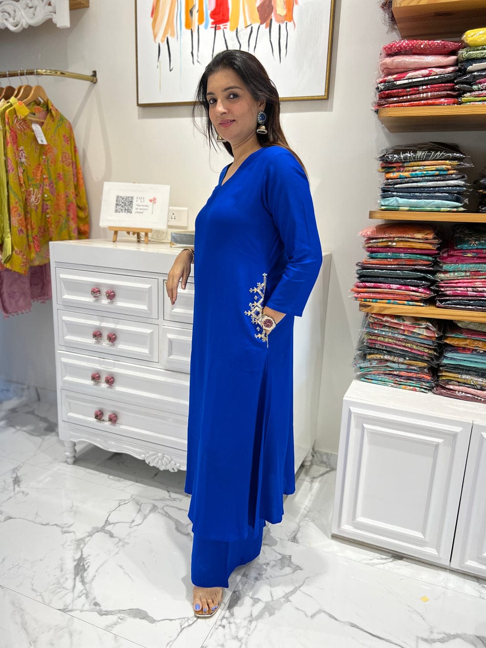 Blue Long Embroidered Co-ord Set