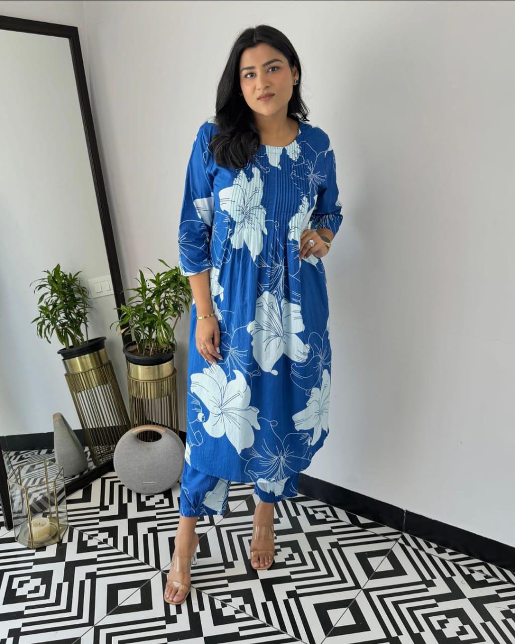 Designer Blue Floral Printed Co-ord Set