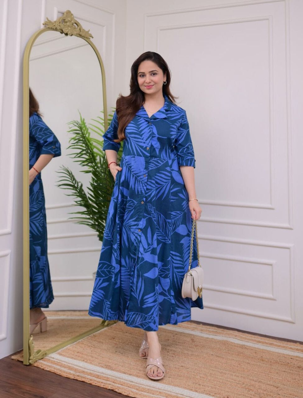 Premium Floral Blue Printed Midi Dress