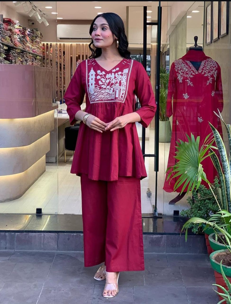 Designer Red Embroidered Co-ord Set