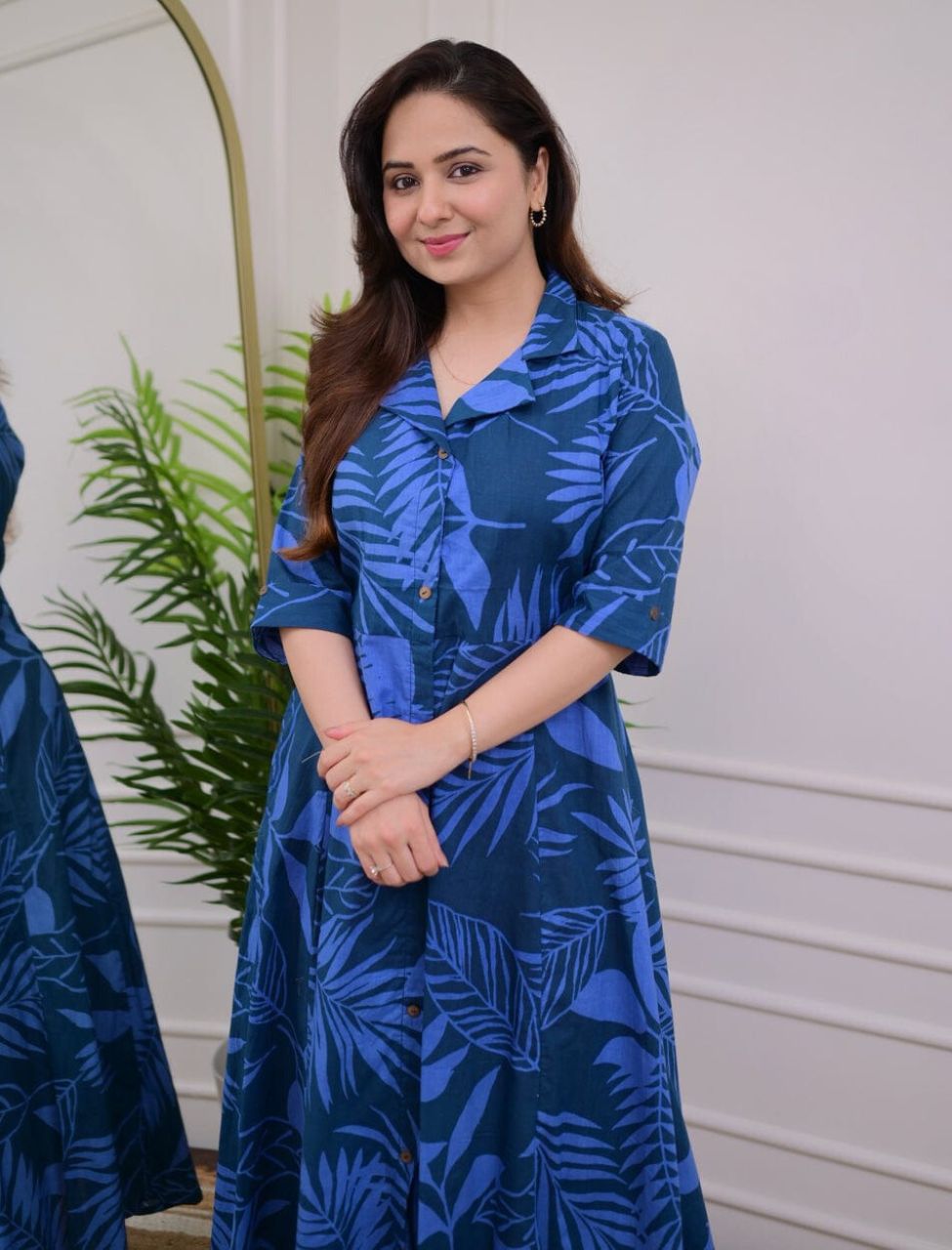 Premium Floral Blue Printed Midi Dress