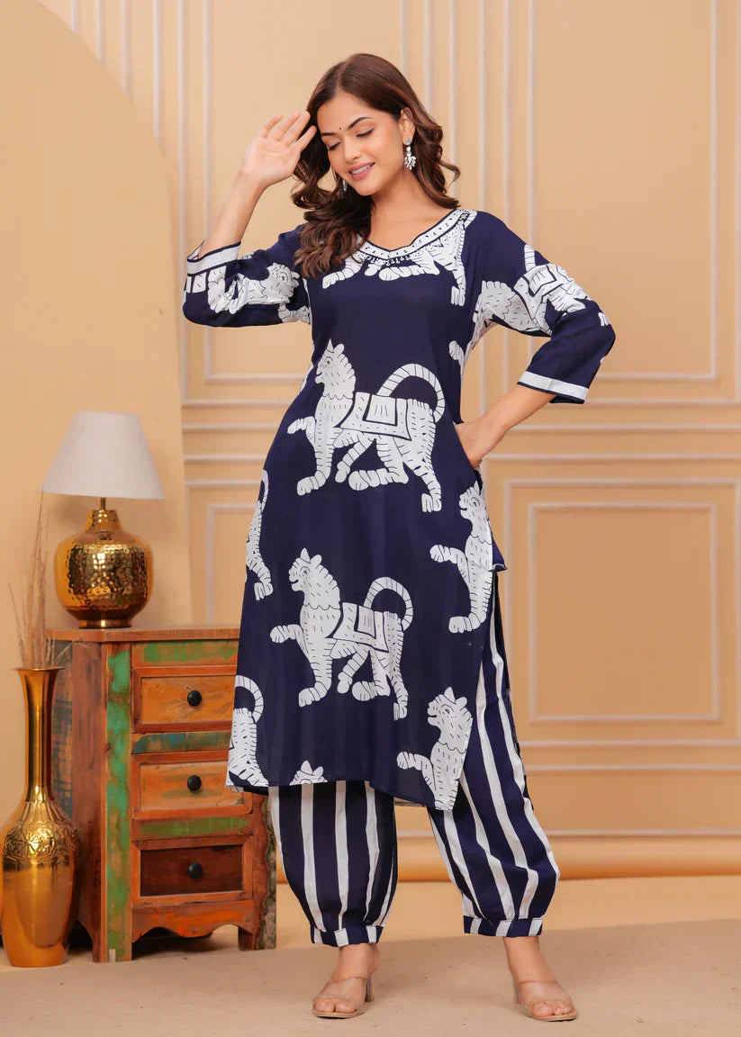 Navy Blue Printed Animal Co-ord Set