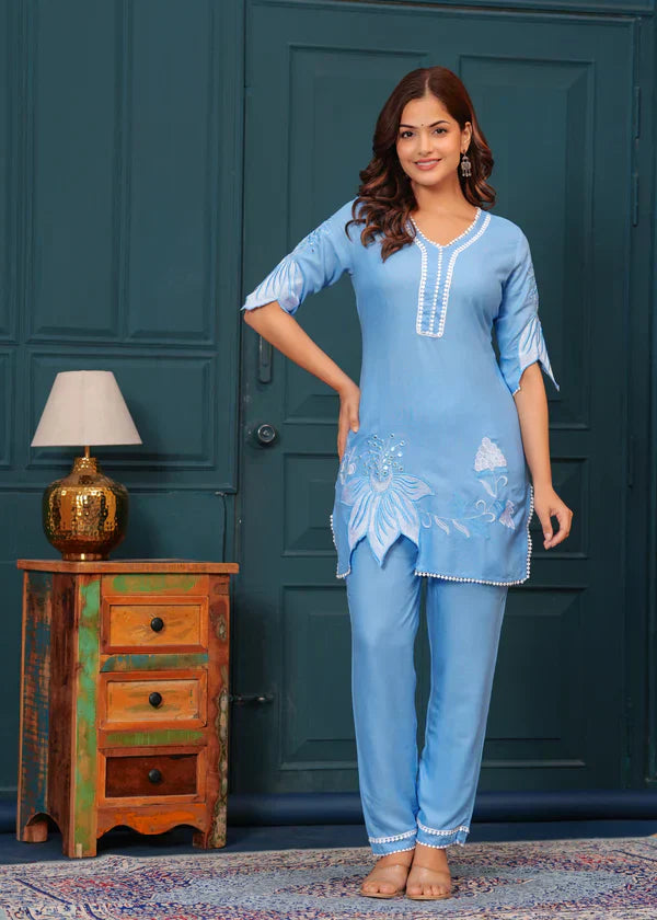 Cloudy Blue Embroidered Co-ord Set