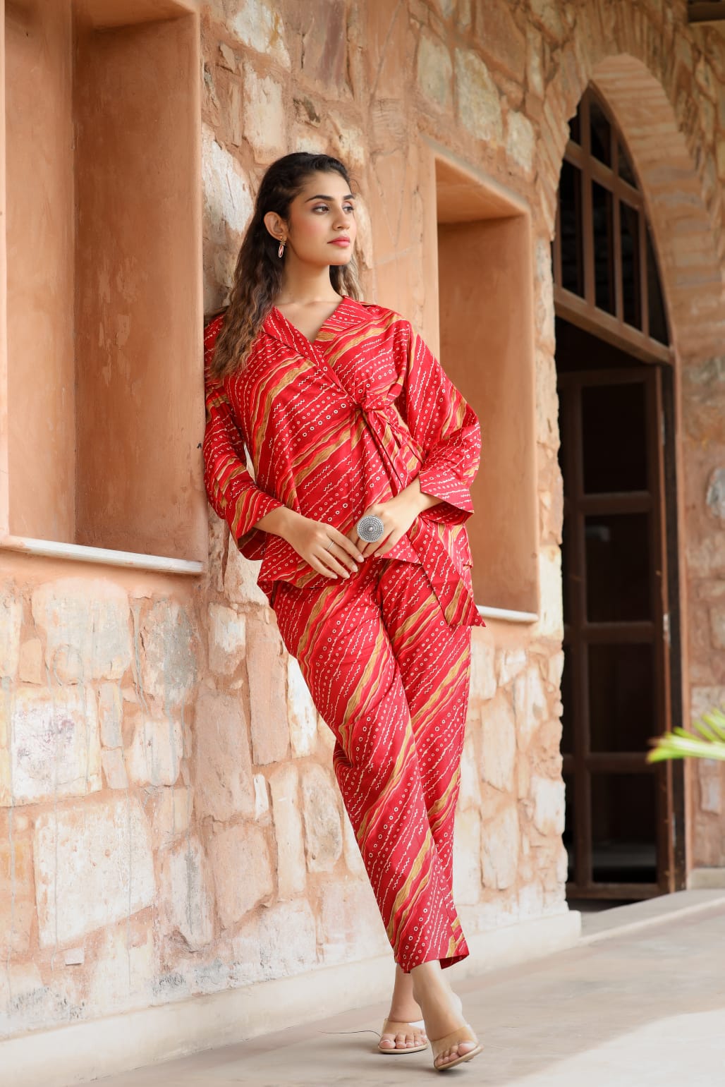 Red Color Lehriya designed co-ord sets