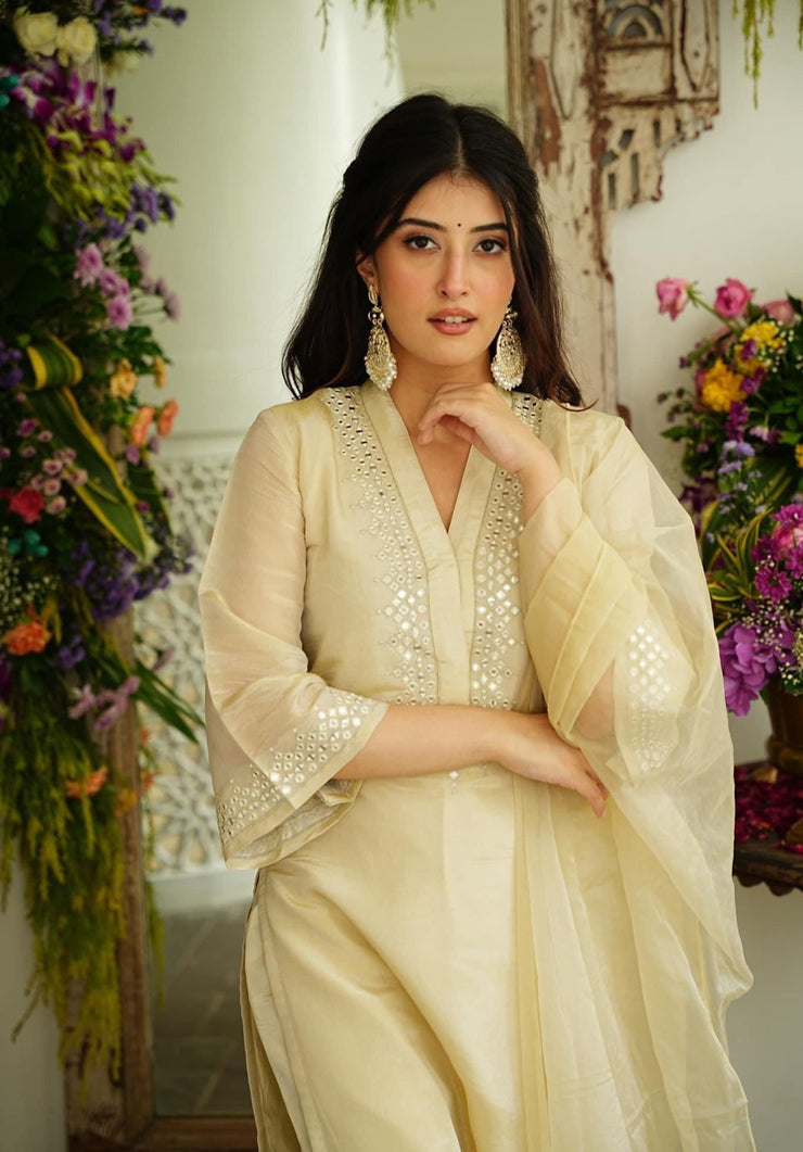 Soft chanderi Kurta with foil mirror work embroidery