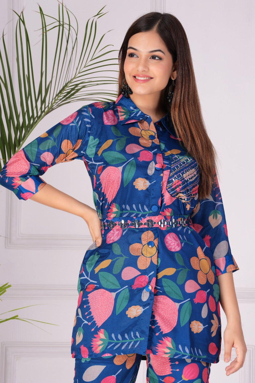 Flower Printed Blue Maslin Co-ord Set
