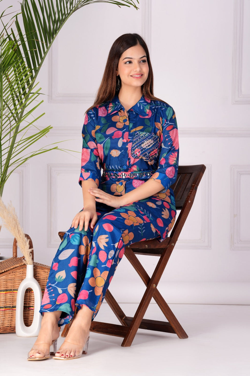 Flower Printed Blue Maslin Co-ord Set