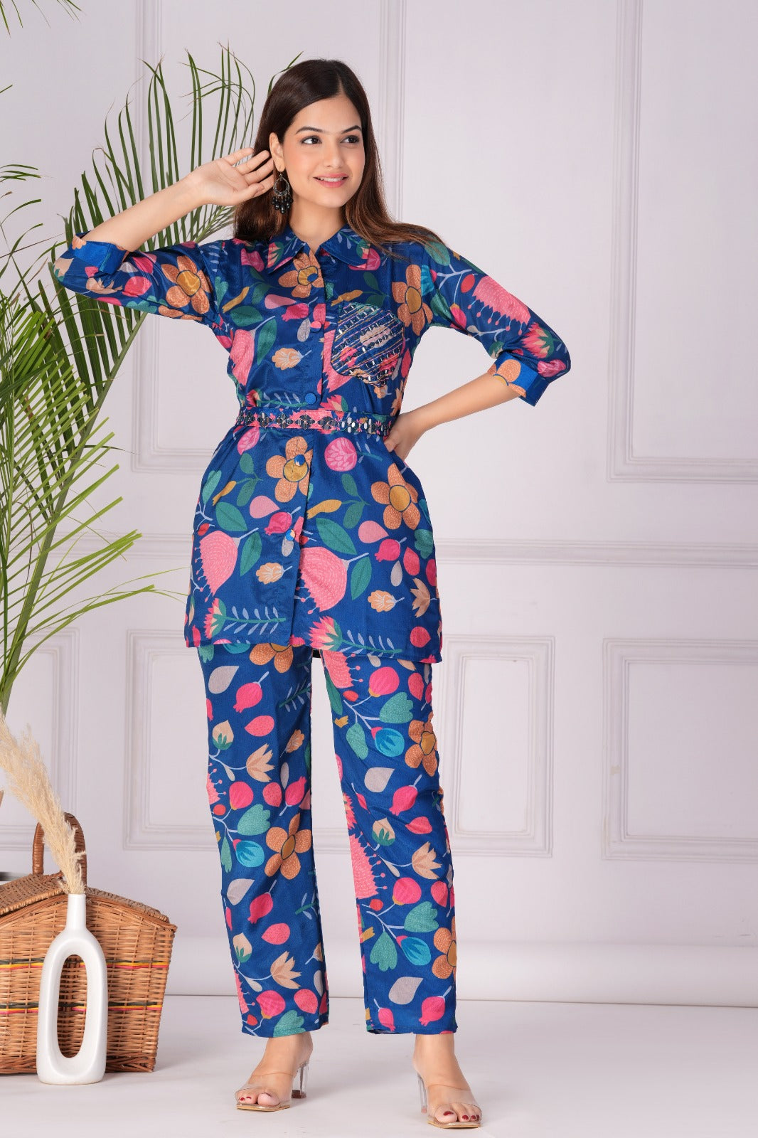 Flower Printed Blue Maslin Co-ord Set
