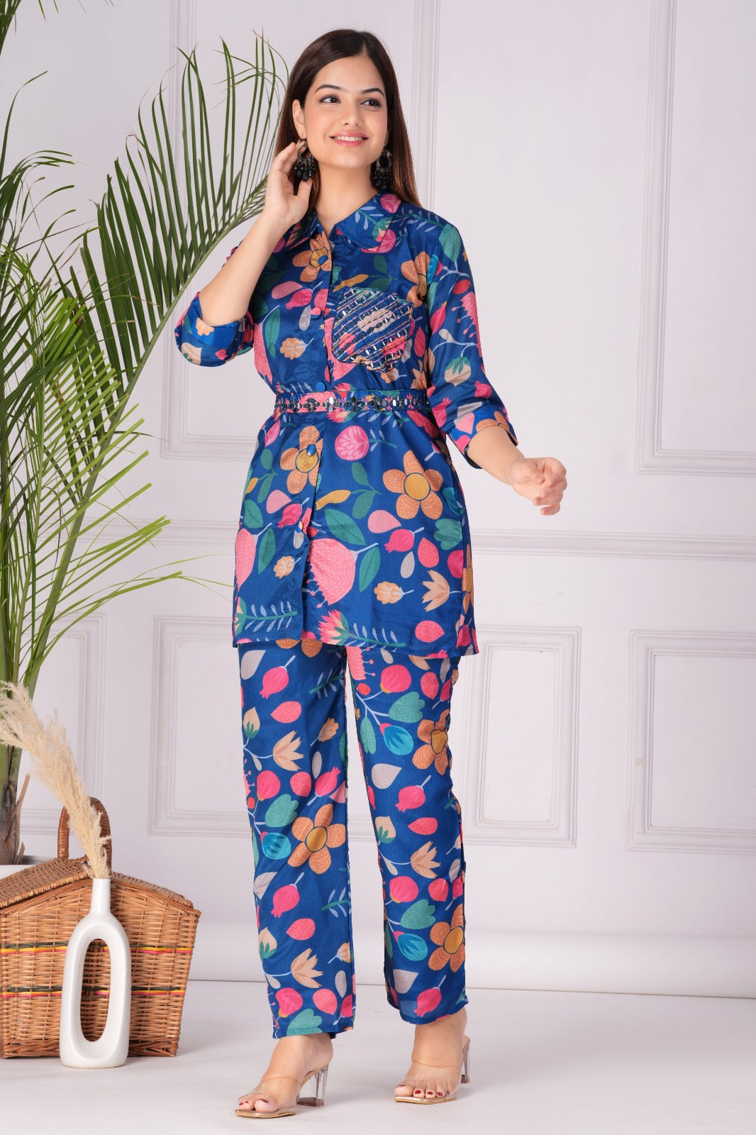 Flower Printed Blue Maslin Co-ord Set