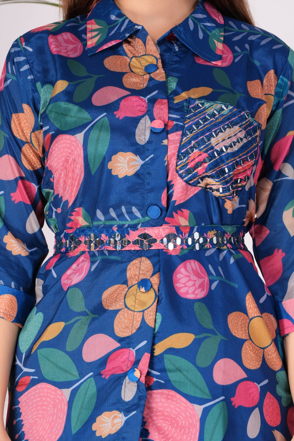 Flower Printed Blue Maslin Co-ord Set