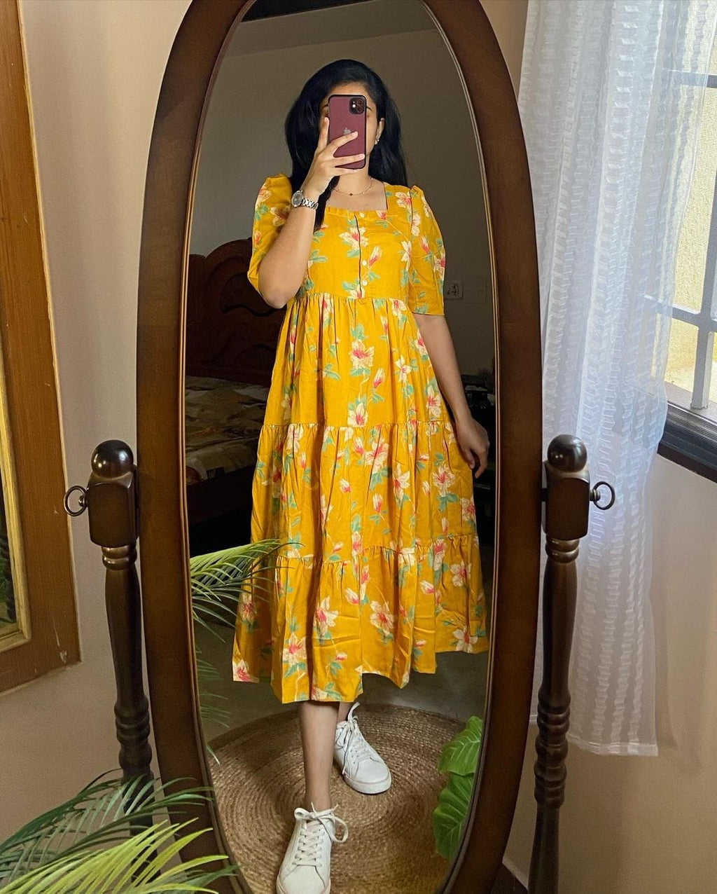 Beautiful Yellow Color Embroidery Midi Dress