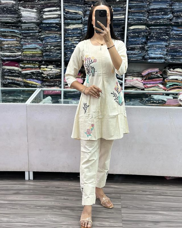 Designer Floral White Embroidered Co-ord Set