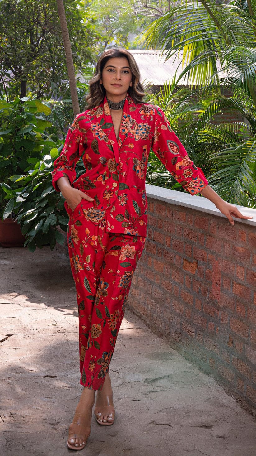 Beautiful Red Floral Designer Co-ord Set