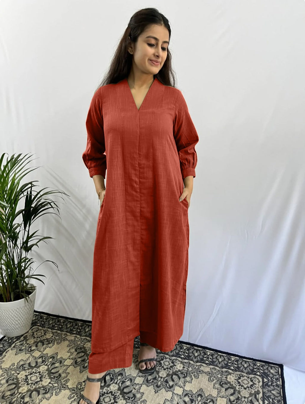 Classy V- Neck Solid Co-ord Set