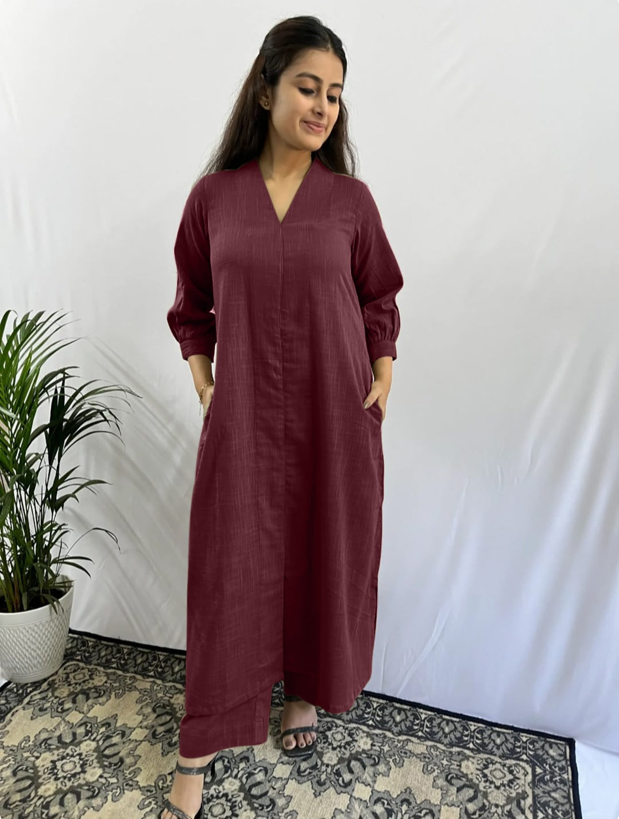 Classy V- Neck Solid Co-ord Set