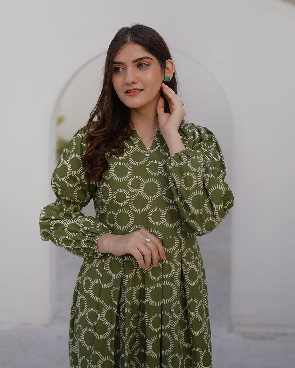 Elegant Green Printed Midi Dress