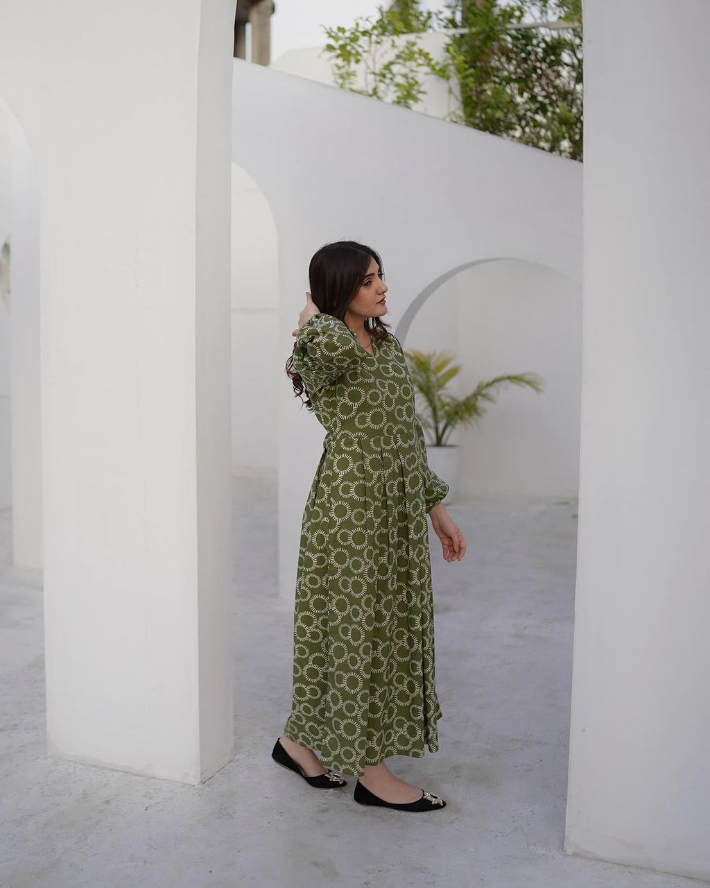 Elegant Green Printed Midi Dress