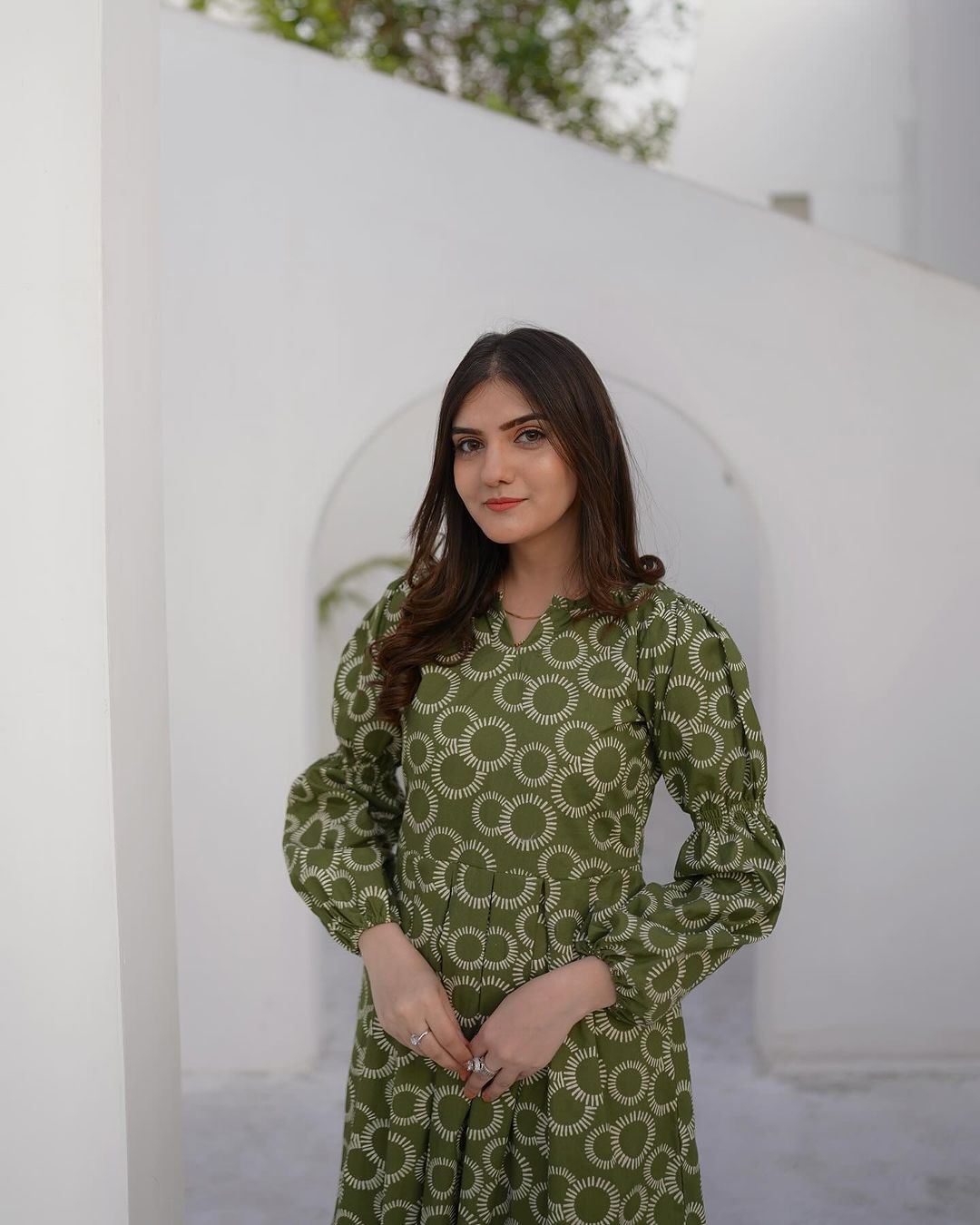 Elegant Green Printed Midi Dress