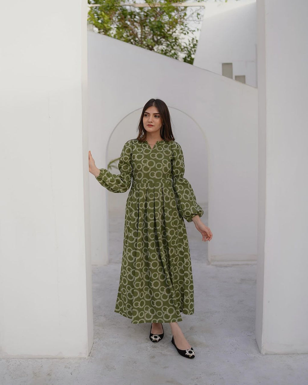 Elegant Green Printed Midi Dress
