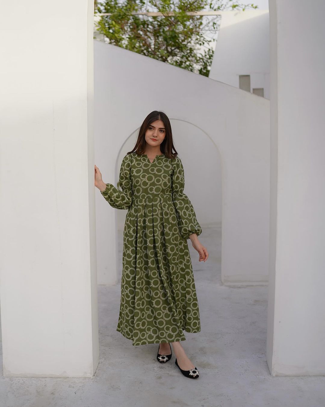 Elegant Green Printed Midi Dress