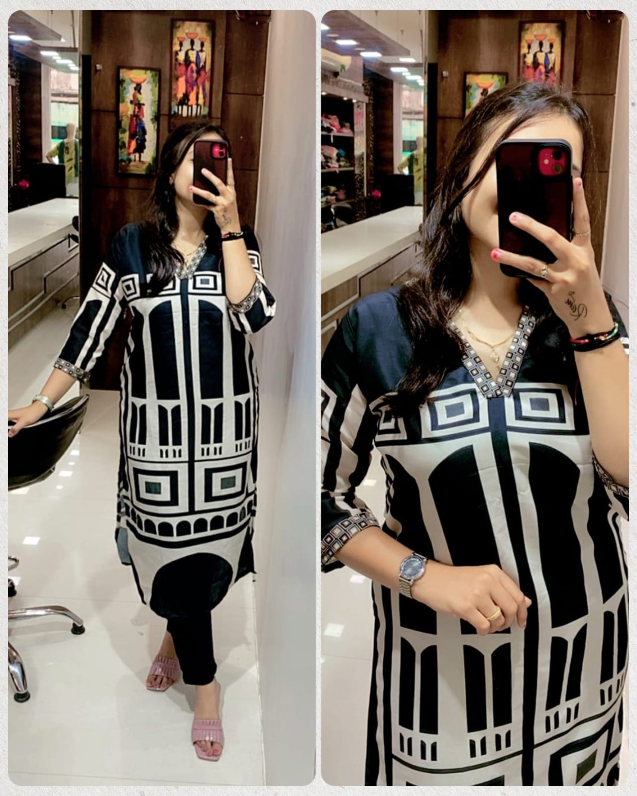 Black & white Muslin long Co-ord Set