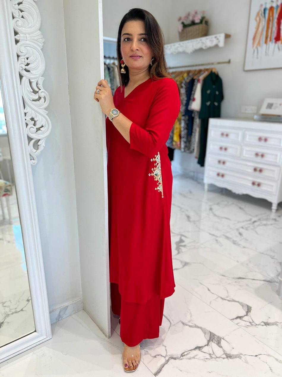 Red Long Embroidered Co-ord Set