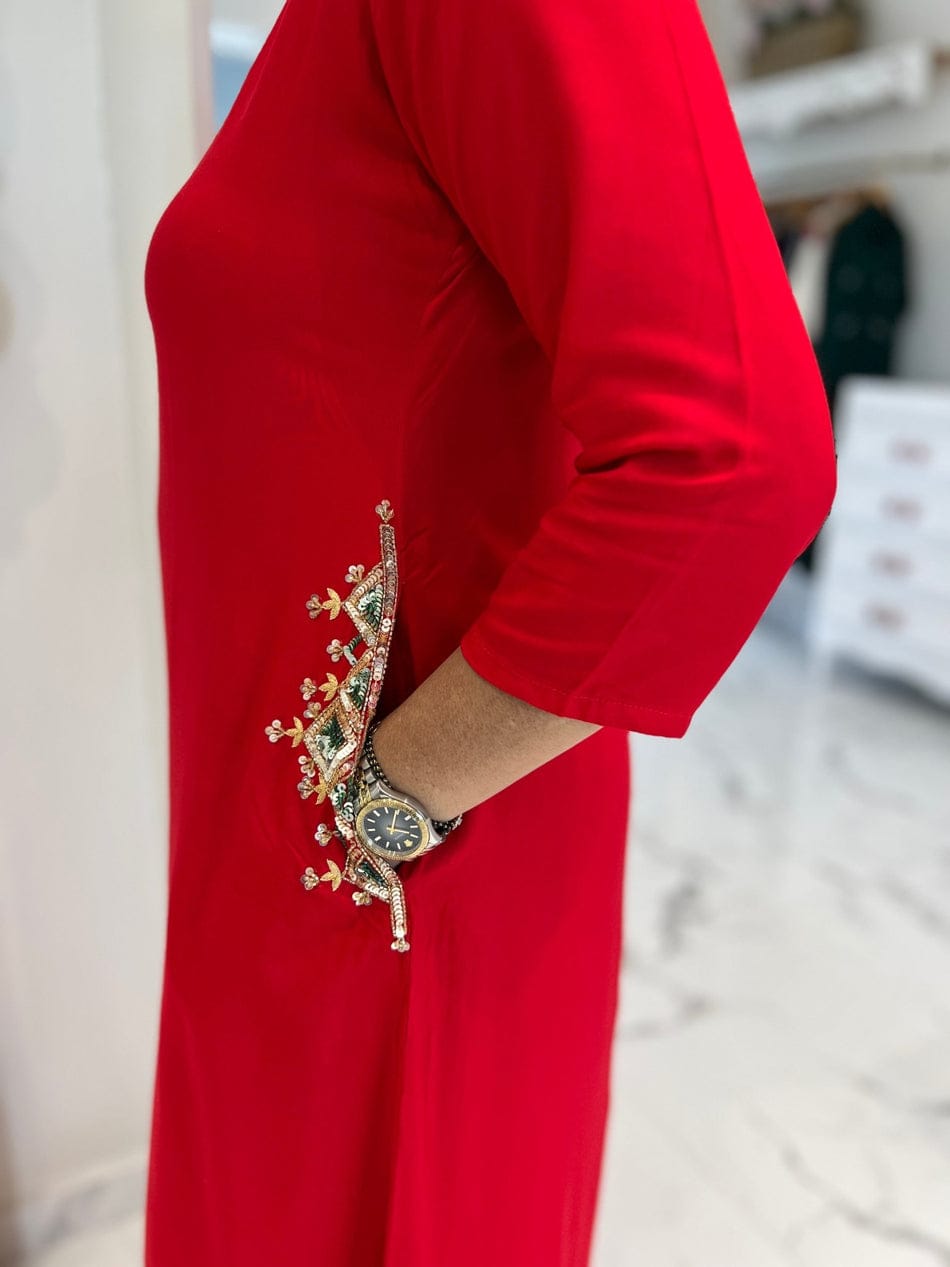 Red Long Embroidered Co-ord Set