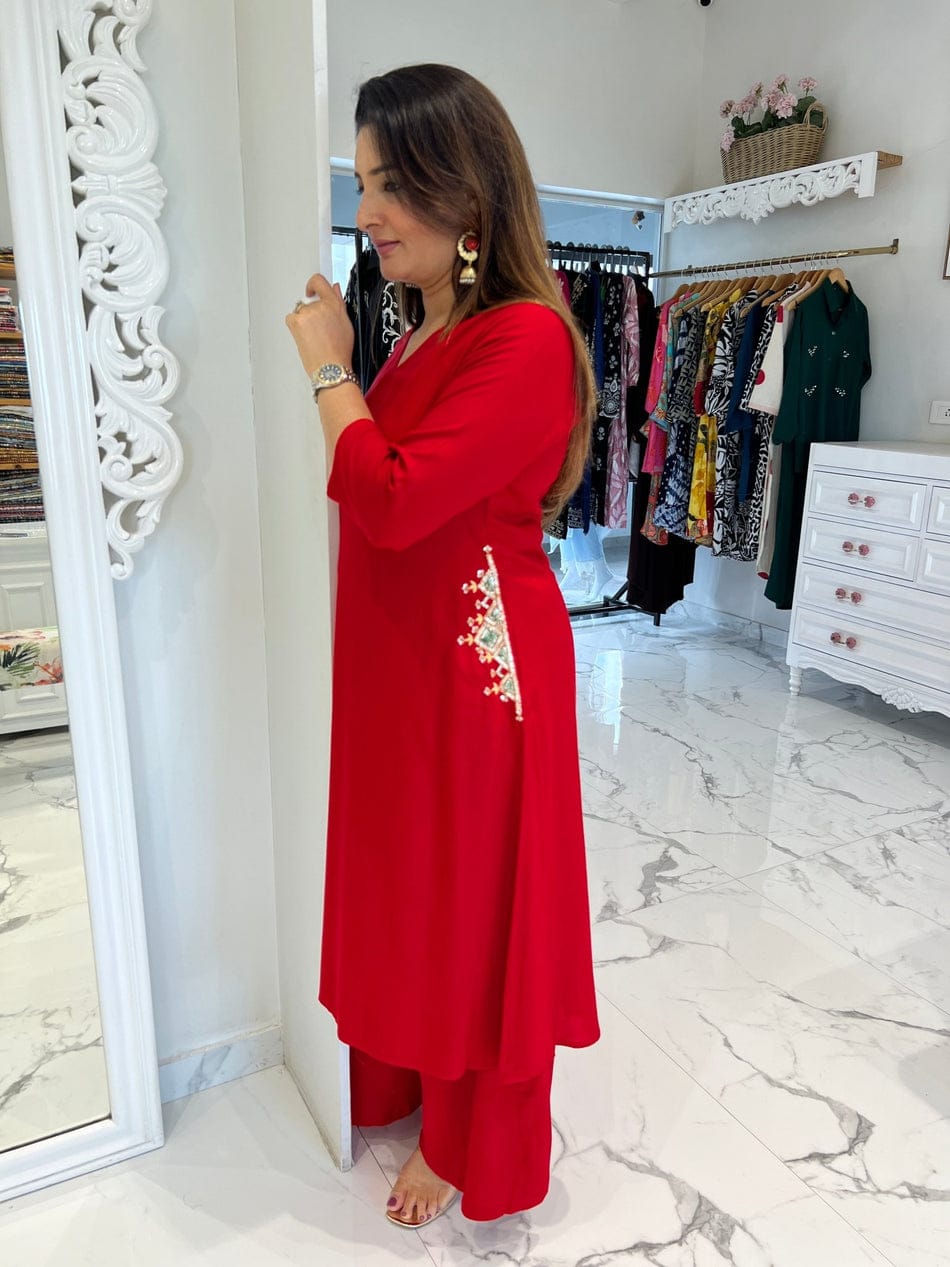 Red Long Embroidered Co-ord Set