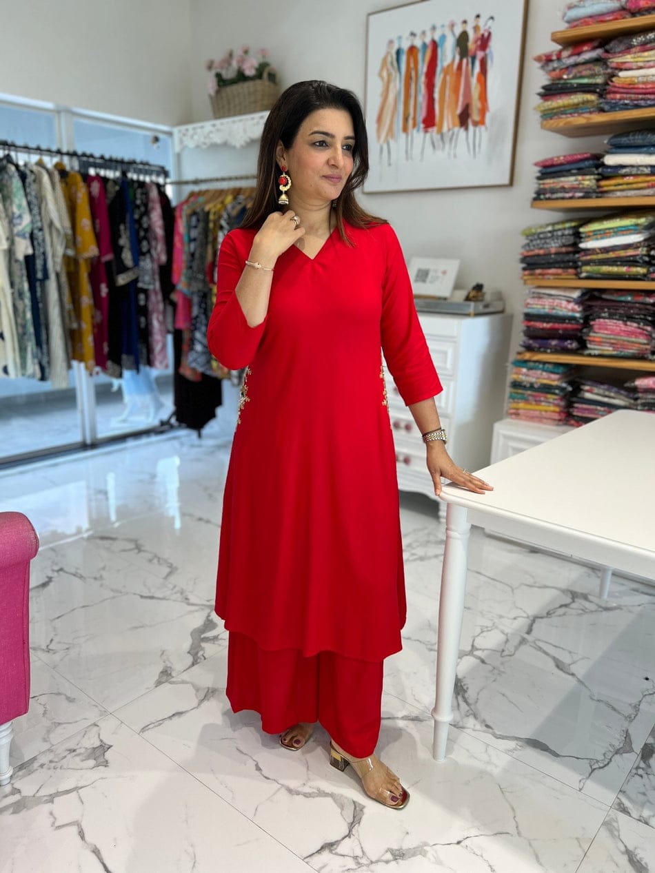 Red Long Embroidered Co-ord Set