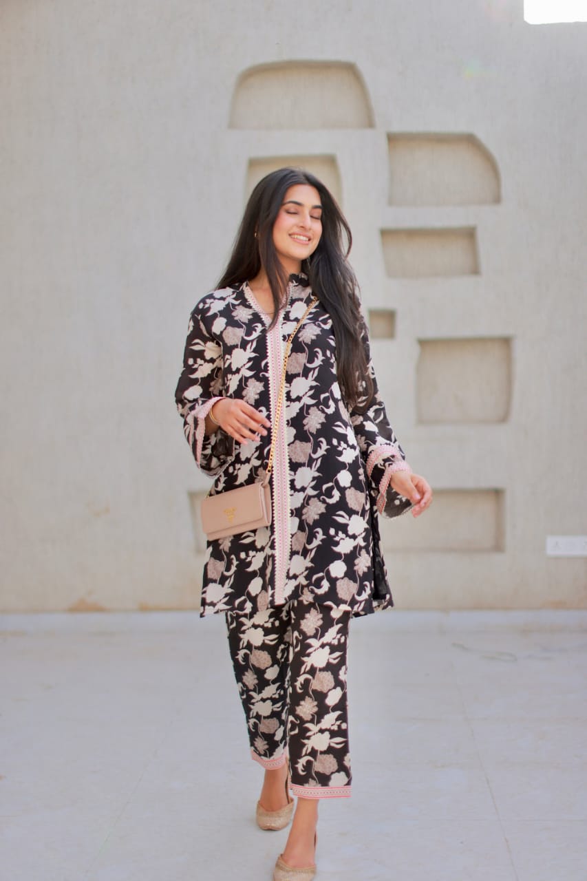 Elegant Floral Black Printed Co-ord Set