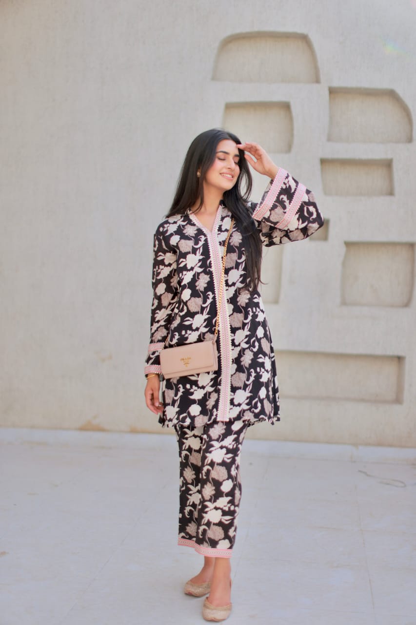 Elegant Floral Black Printed Co-ord Set