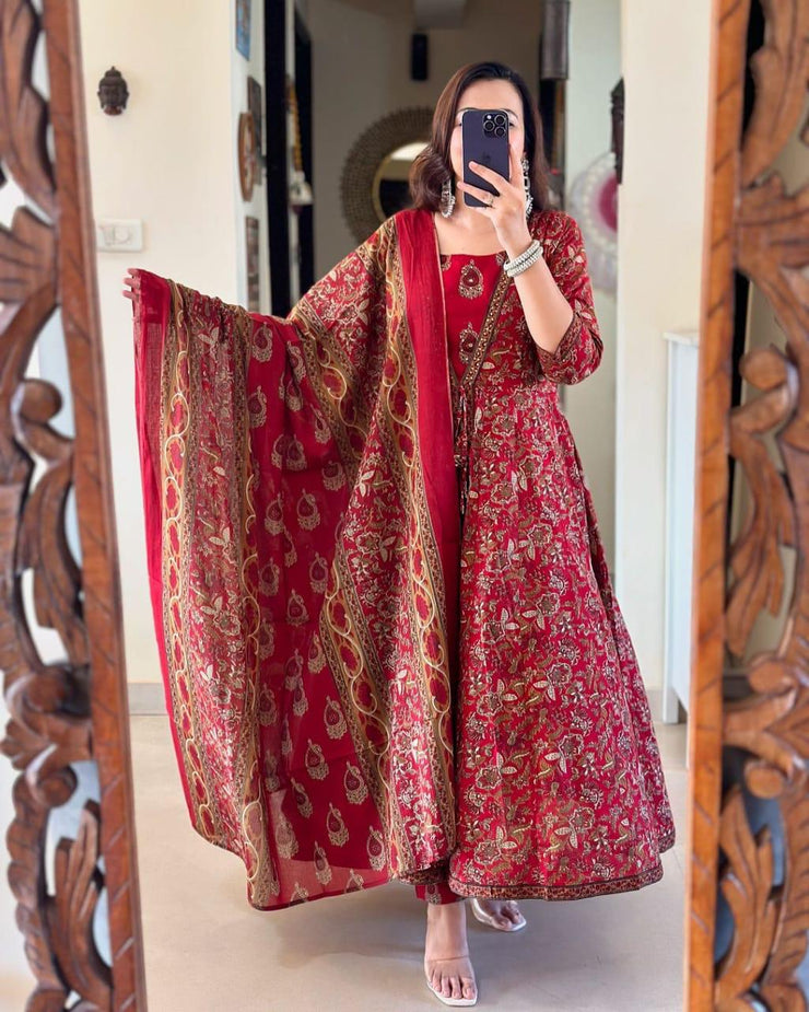 FULL COTTON PRINT HAND WORK ANARKALI KURTI ,PANT & MALMAL DUPATTA