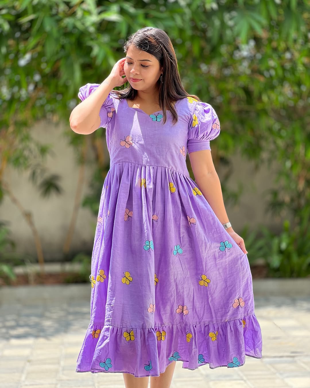 Designer Purple Butterfly Printed Midi Dress