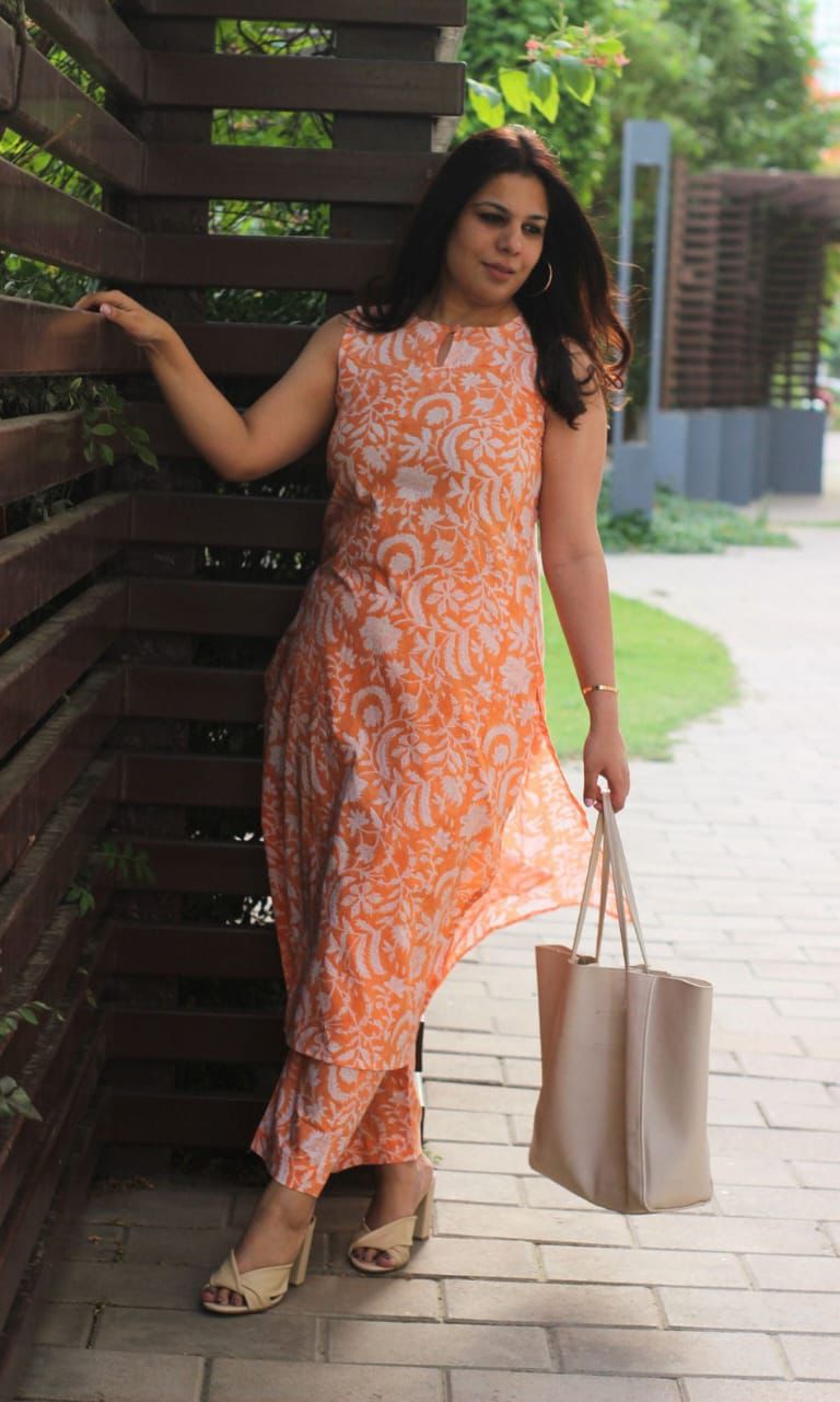 Elegant Orange Floral Printed Co-ord Set