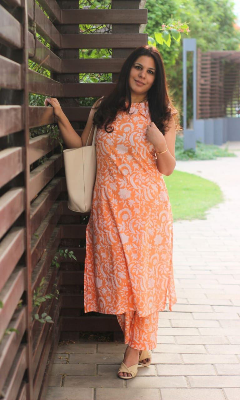 Elegant Orange Floral Printed Co-ord Set