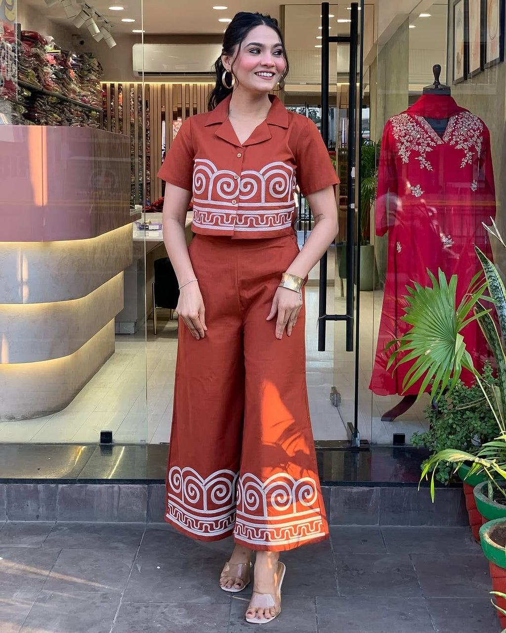 Stylish Orange Embroidered Co-ord Set