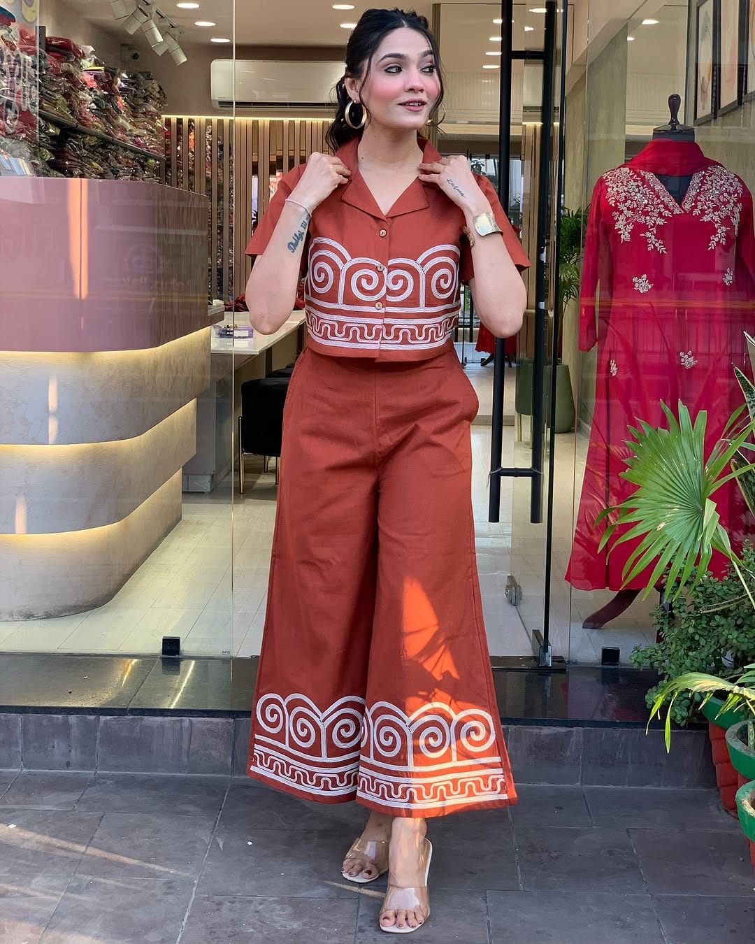 Stylish Orange Embroidered Co-ord Set