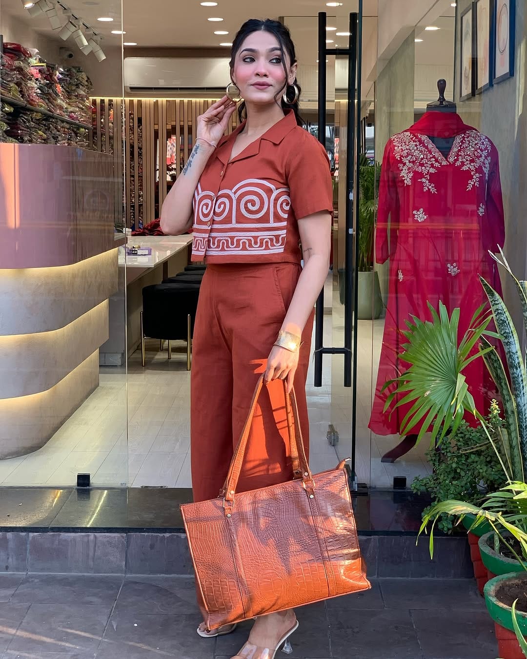 Stylish Orange Embroidered Co-ord Set