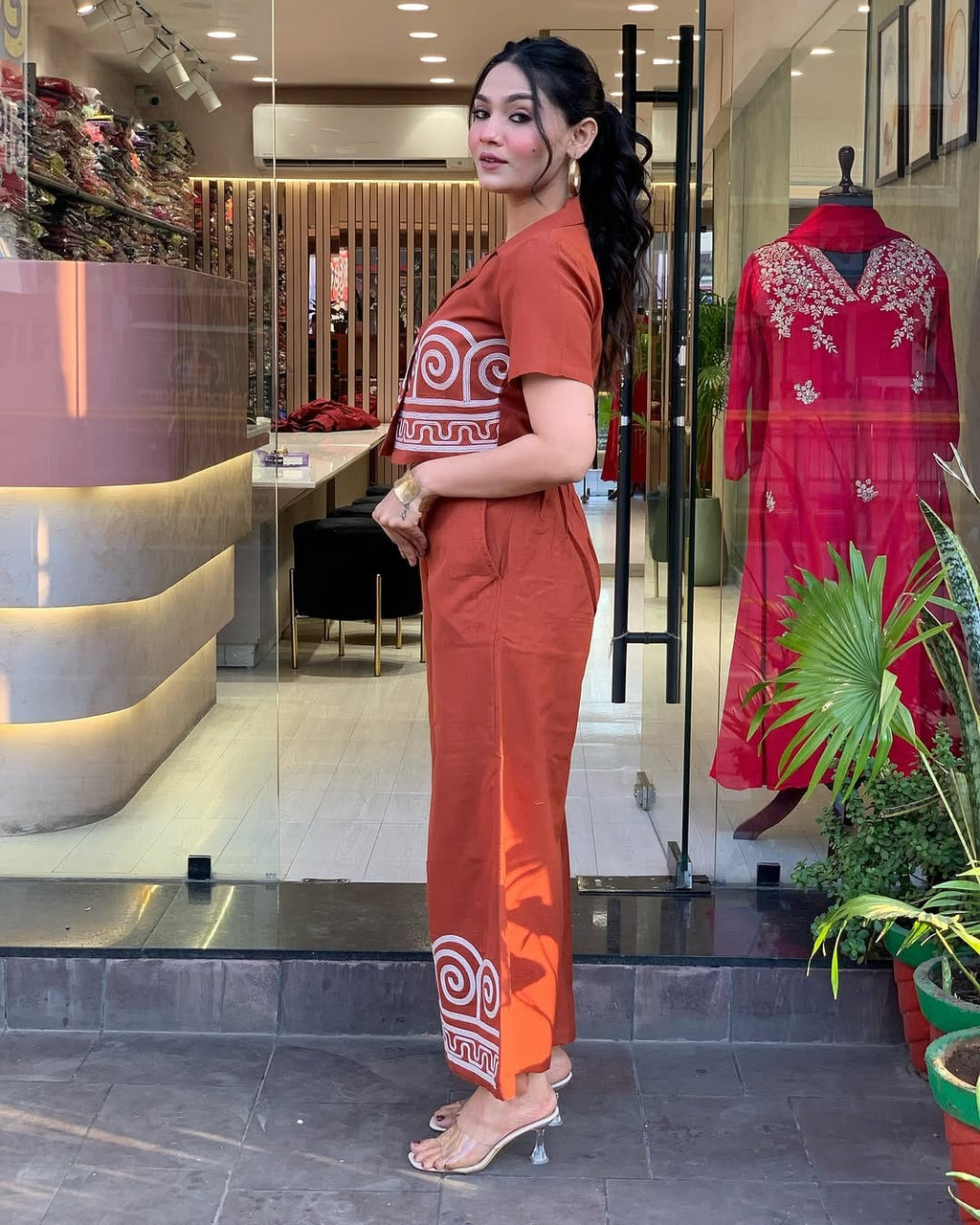 Stylish Orange Embroidered Co-ord Set