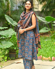 Ajrakh printed A-line Kurti comes with Halter detailing
