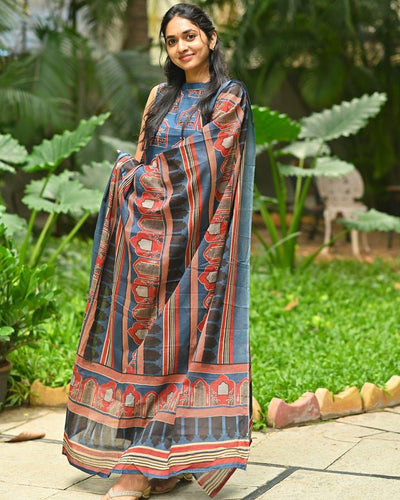 Ajrakh printed A-line Kurti comes with Halter detailing