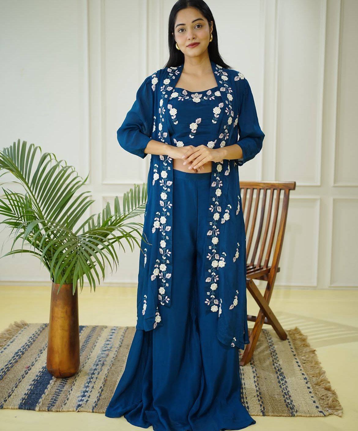 Stylish Blue Embroidered Co-ord Set