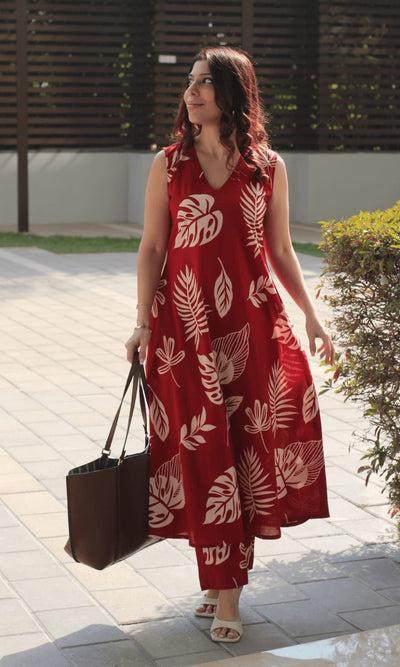 A-line kurti with tropical leaf prints