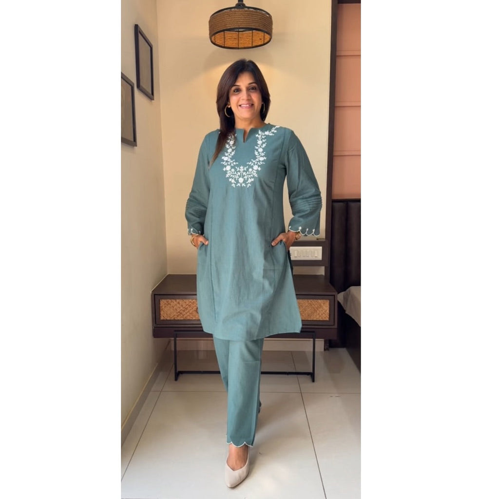 Elegant Dusty Teal Embroidered Co-ord Set