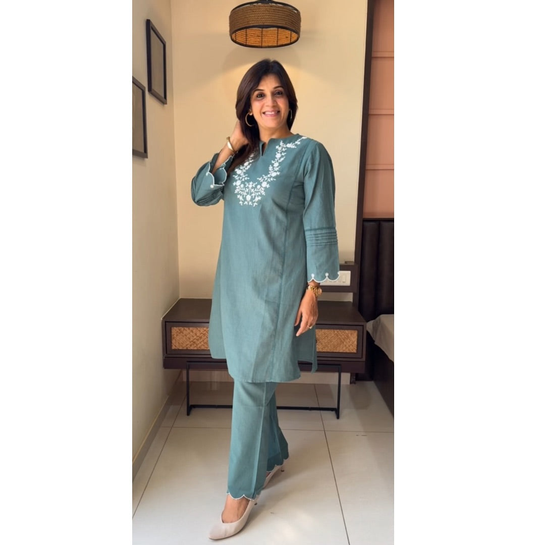 Elegant Dusty Teal Embroidered Co-ord Set