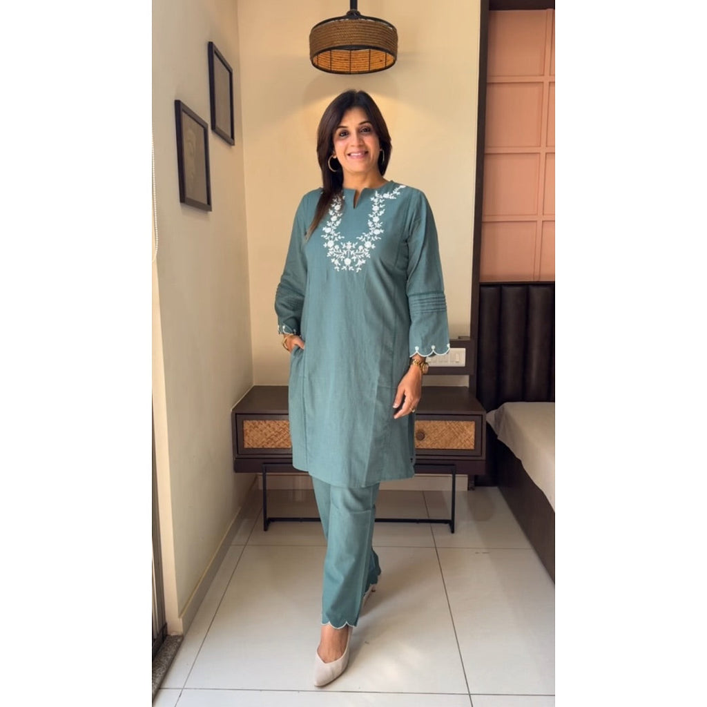 Elegant Dusty Teal Embroidered Co-ord Set